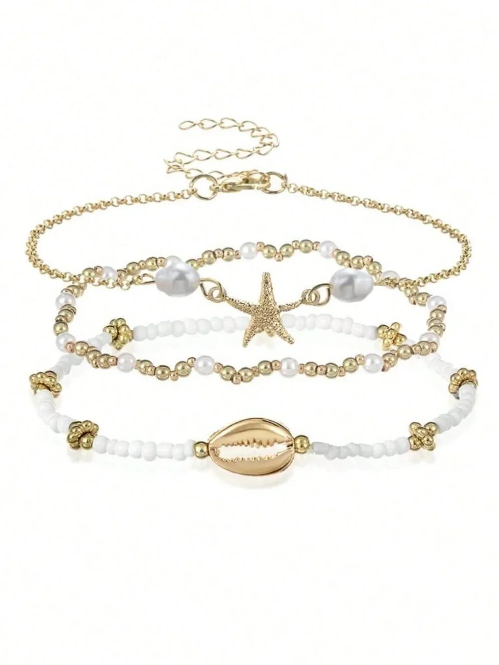 Boho Women's Beach Style Metal Starfish & Shell Beaded Anklet Set